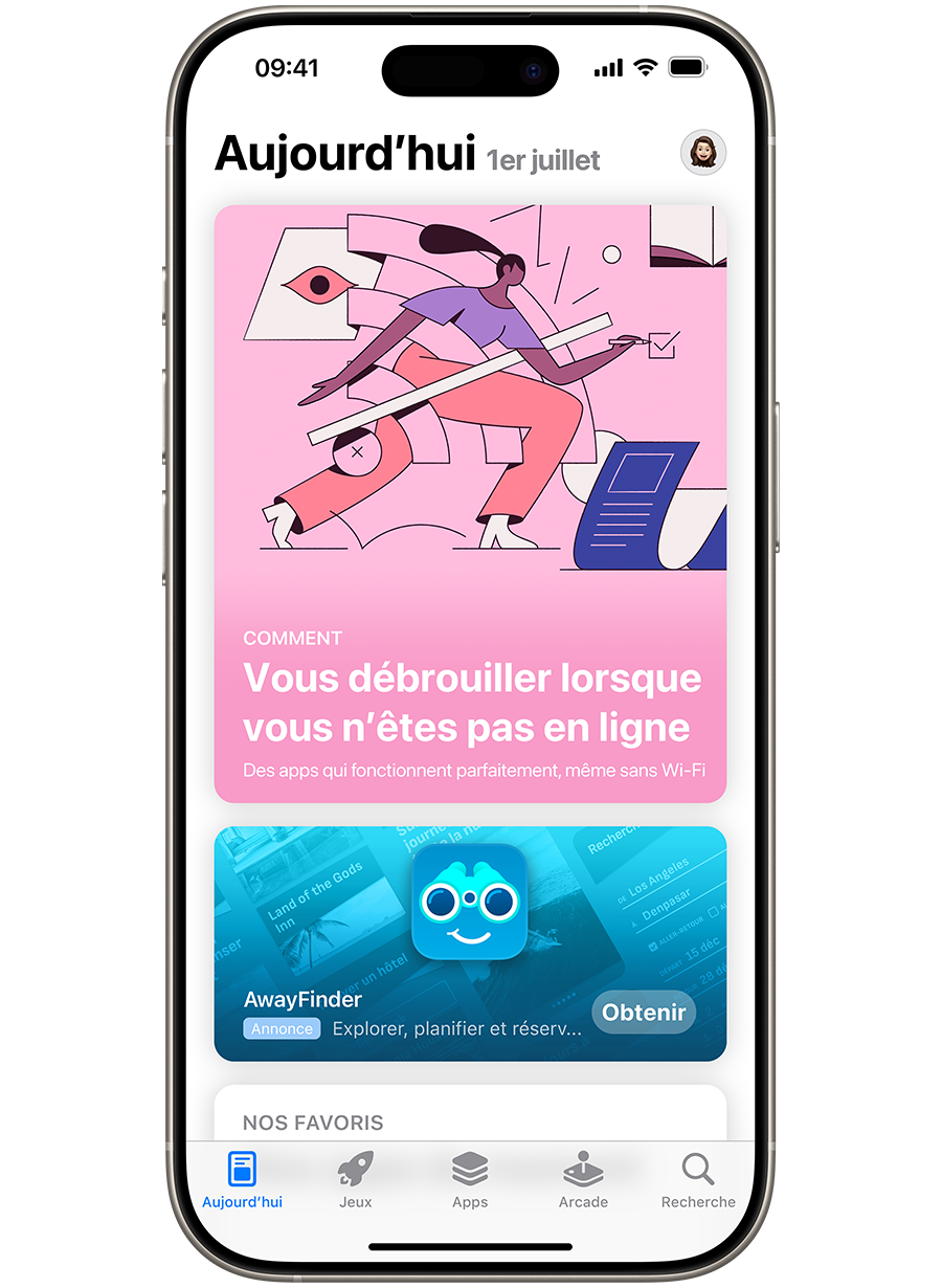 Un iPhone avec l’App Store ouvert et une annonce de l’app fictive AwayFinder, placée bien en évidence dans l’onglet Aujourd’hui. L’annonce affiche l’icône, le nom et le sous-titre de l’app, « Explorer, planifier et réserver des voyages ».