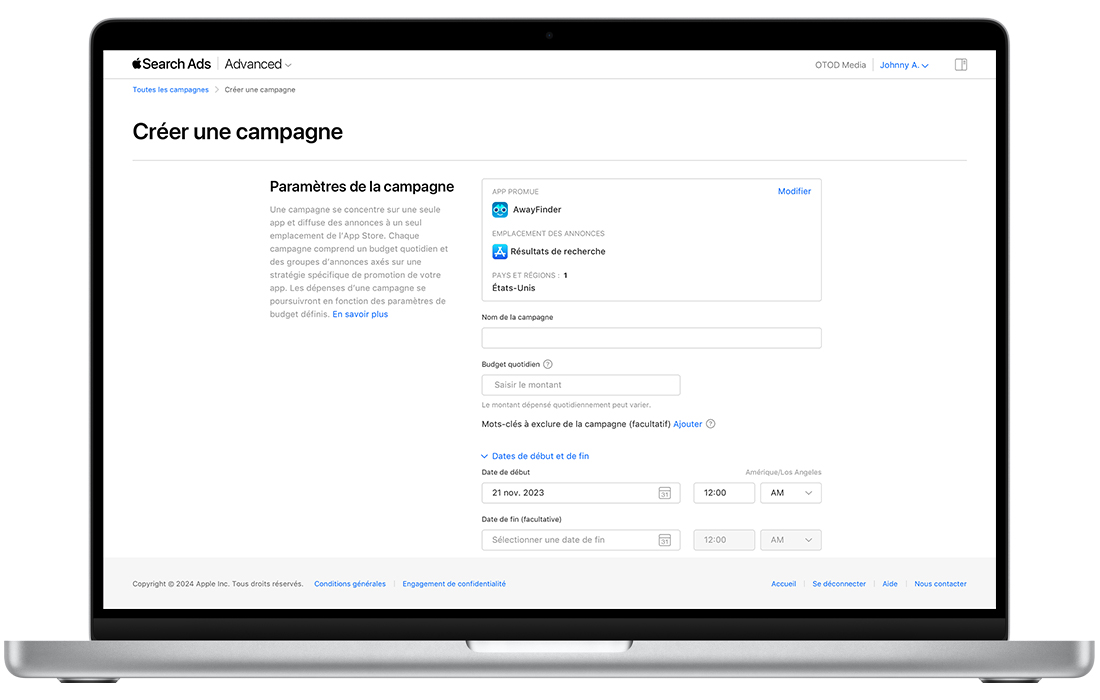 La page Créer une campagne d’Apple Search Ads Advanced affichant les réglages de la campagne. Au bas de l’écran, sous les champs vides Nom de la campagne et Budget quotidien, un lien bleu intitulé Dates de début et de fin a été ouvert pour afficher les champs Date et heure de début et les champs facultatifs Date et heure de fin.