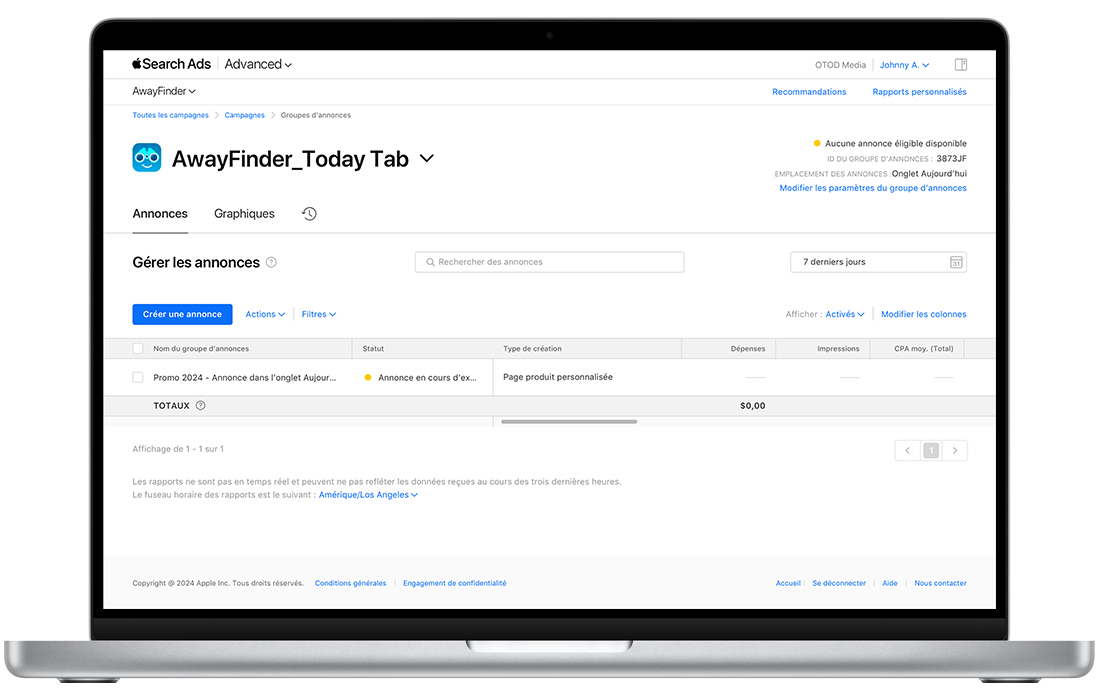 Tableau de bord Annonces d’Apple Search Ads Advanced indiquant le nom, l’état, le type de création, les dépenses, les impressions et le CPA moyen d’une annonce dans l’onglet Aujourd’hui.