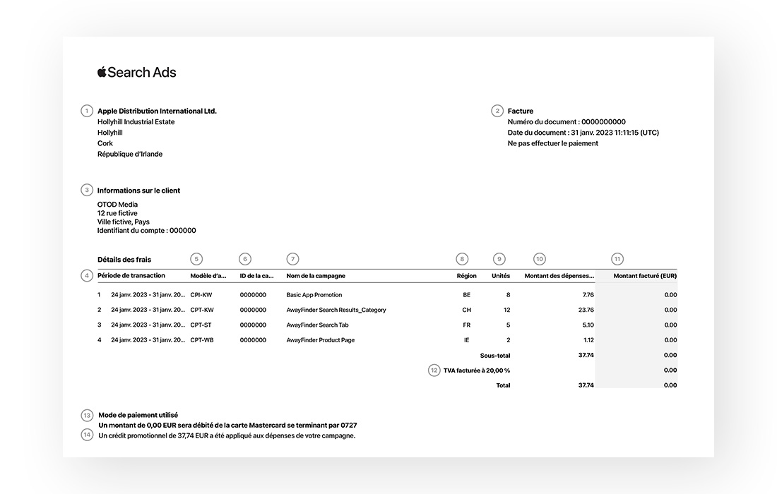 Exemple de facture Apple Search Ads avec des numéros correspondant à des éléments de la facture. La partie supérieure de la facture indique l’entité de facturation, les informations du client et les détails de la facture. En dessous se trouve le détail des frais. Le bas de la page indique le mode de paiement et les éventuels crédits promotionnels.