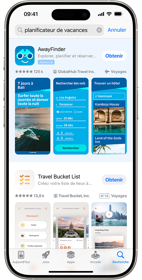 Les termes « planificateur de vacances » sont saisis dans le champ de recherche de l’App Store et une annonce de l’app fictive AwayFinder apparaît en haut des résultats de recherche.