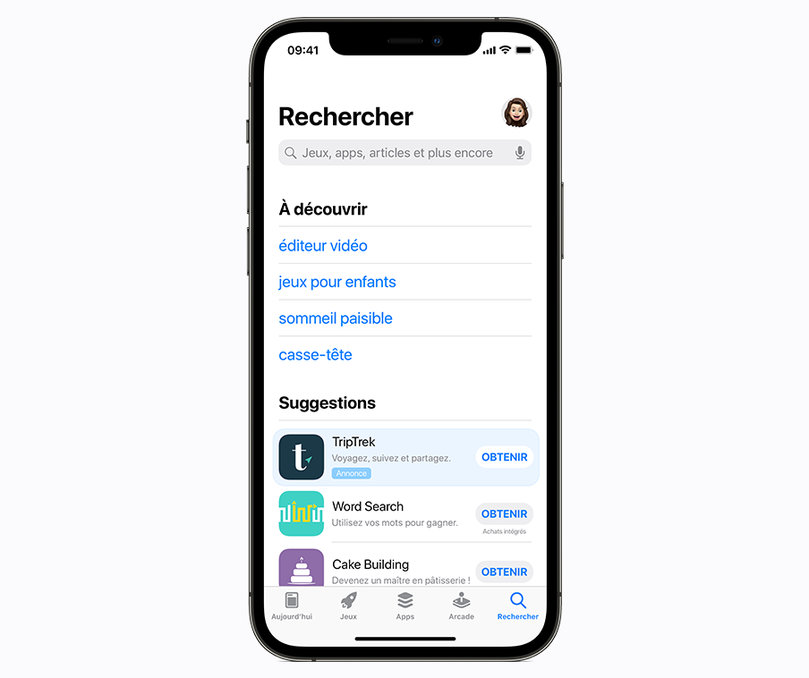 Exemple d’annonce dans l’onglet Rechercher de l’App Store.