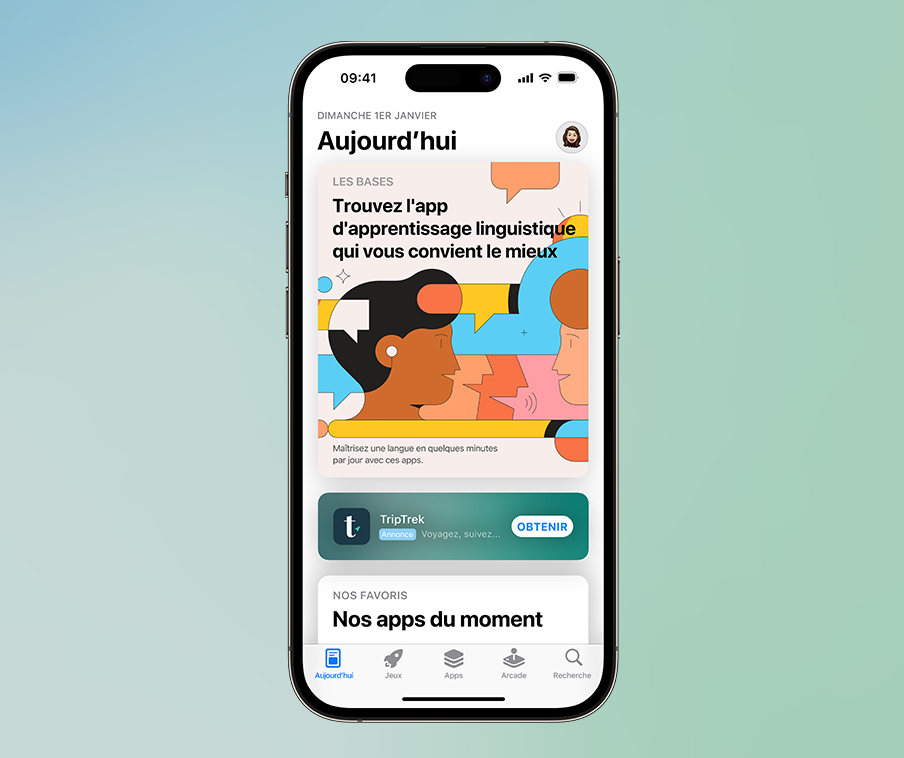 Onglet Aujourd’hui affichant une annonce pour l’app fictive TripTrek, placée de façon bien visible sur la page.