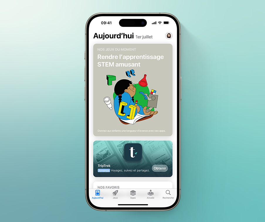 Onglet Aujourd’hui affichant une annonce pour l’app fictive TripTrek, placée de façon bien visible sur la page.