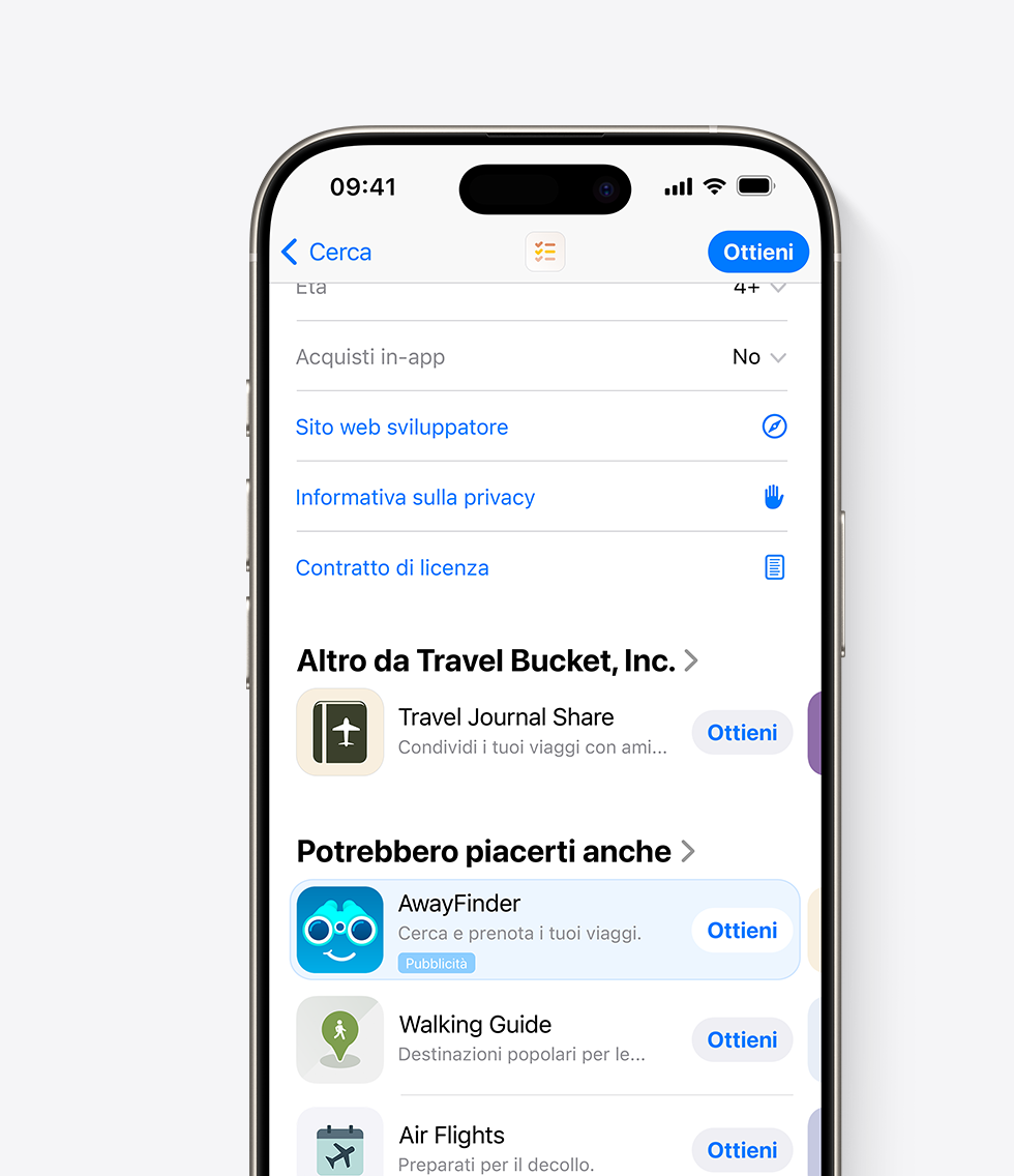 Un iPhone con l’App Store aperto. Un annuncio per l’app di esempio, AwayFinder, è visualizzato nella parte inferiore di una pagina prodotto sull’App Store, dove le persone potrebbero vederlo scorrendo verso il basso nella pagina.