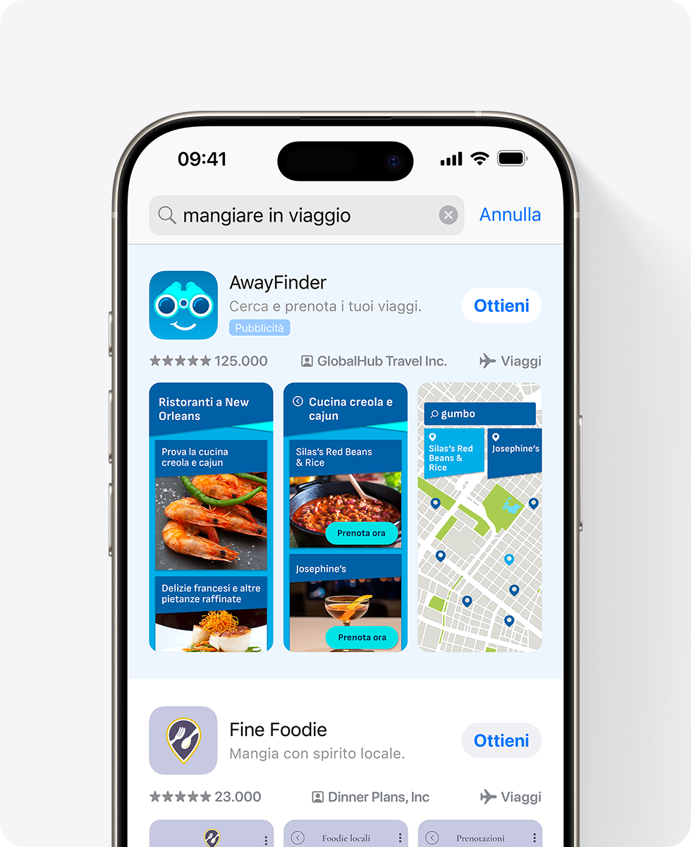 Un iPhone mostra un annuncio per l’app di esempio, AwayFinder, in cima ai risultati di ricerca dell’App Store. L’annuncio include tre screenshot correlati a ristoranti e la query inserita nella casella di ricerca è “mangiare in viaggio”.