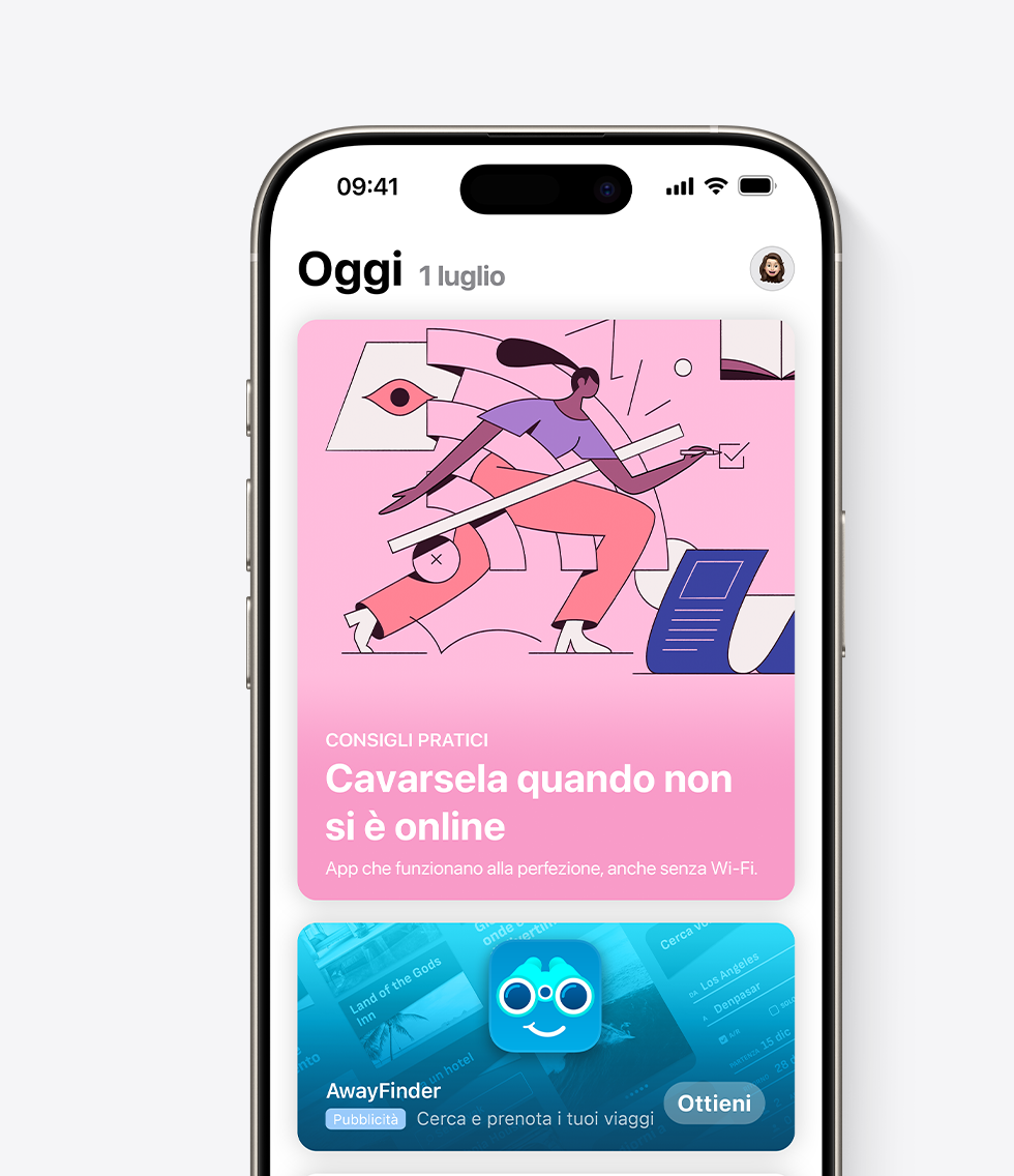 Un iPhone con l’App Store aperto e un annuncio per l’app di esempio, AwayFinder, visualizzato in primo piano nel pannello Oggi. L’annuncio mostra l’icona, il nome e il sottotitolo dell’app con la dicitura “Cerca e prenota i tuoi viaggi”.