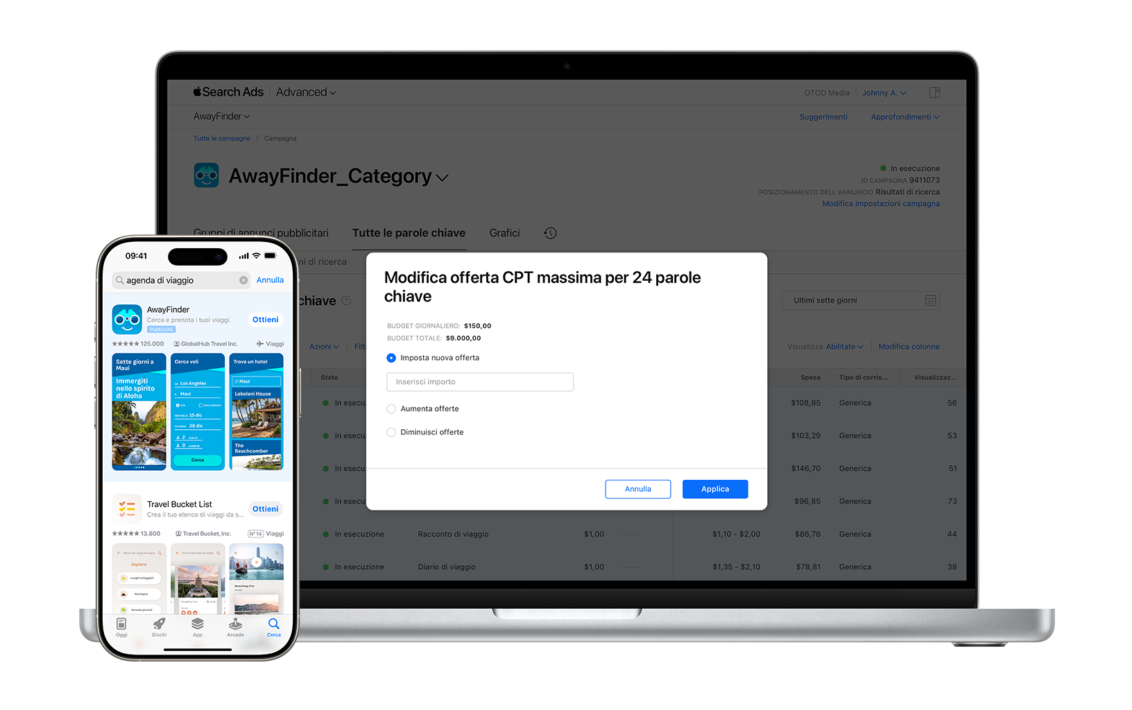 La dashboard Tutte le parole chiave è aperta per una campagna di esempio denominata AwayFinder_Category. Una finestra modale con il messaggio “Modifica offerta CPT massima per 24 parole chiave” e un pulsante di opzione selezionato per la voce “Imposta nuova offerta”.