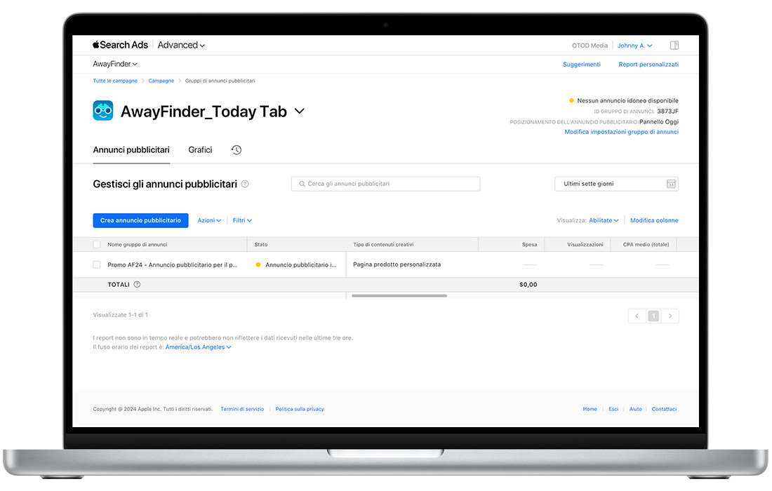 Dashboard Annunci in Apple Search Ads Advanced, che mostra il nome, lo stato, il tipo di contenuti creativi, la spesa, le visualizzazioni e il CPA medio di un annuncio per il pannello Oggi.