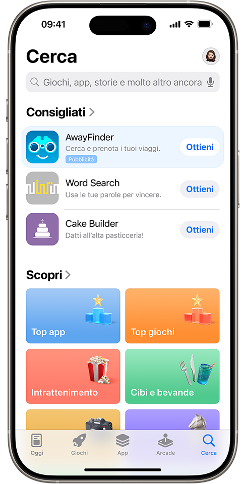 Un annuncio per l’app di esempio, AwayFinder, visualizzato nel pannello Cerca in cima all’elenco delle app consigliate.