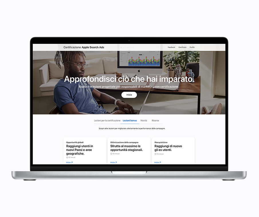 Mac che mostra il pannello delle lezioni bonus nella pagina Certificazione.