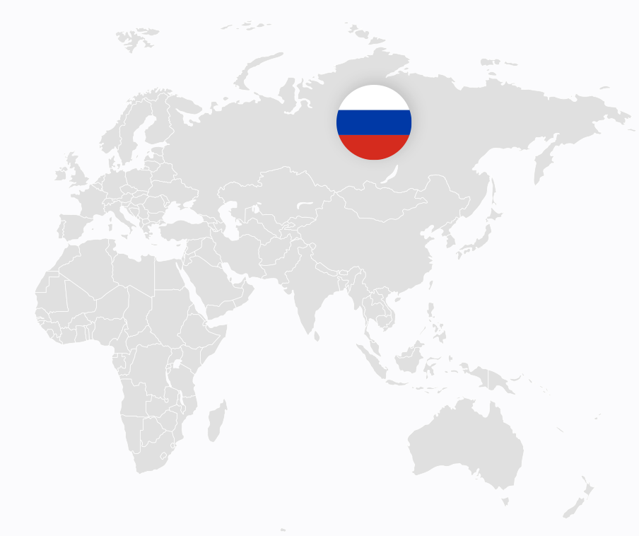 세계지도의 윤곽으로, 러시아 위치에 러시아 국기가 표시되어 있음.