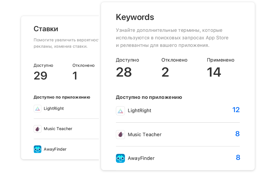 Два модуля со страницы «Рекомендации» в Apple Search Ads Advanced. В одном показано количество рекомендаций по ставкам, доступных для каждого приложения. В другом показано количество рекомендаций по ключевым словам, доступных для каждого приложения.