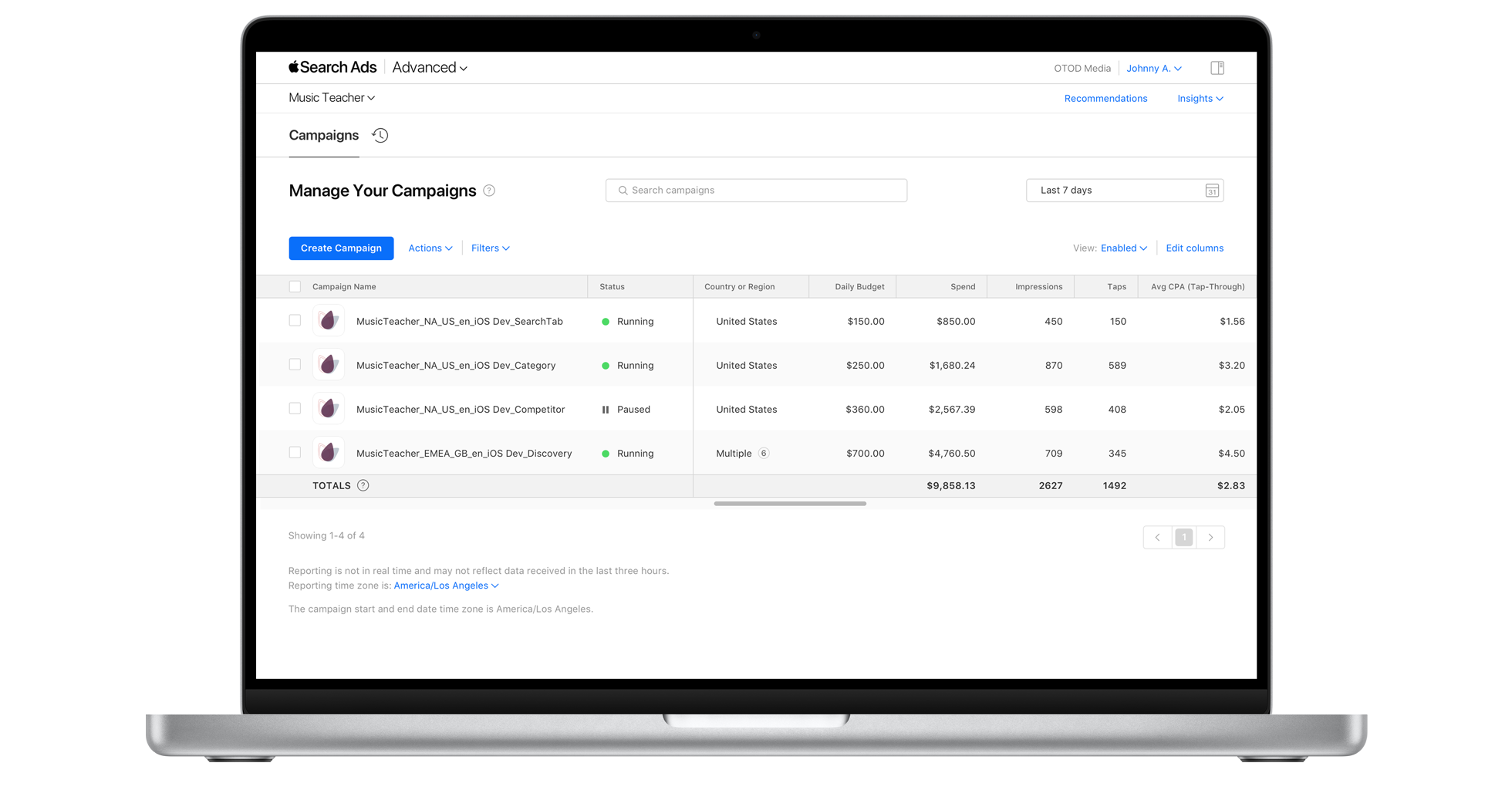 The Campaigns dashboard is open for the example app, Music Teacher. Four campaigns are listed with three running, and one paused.