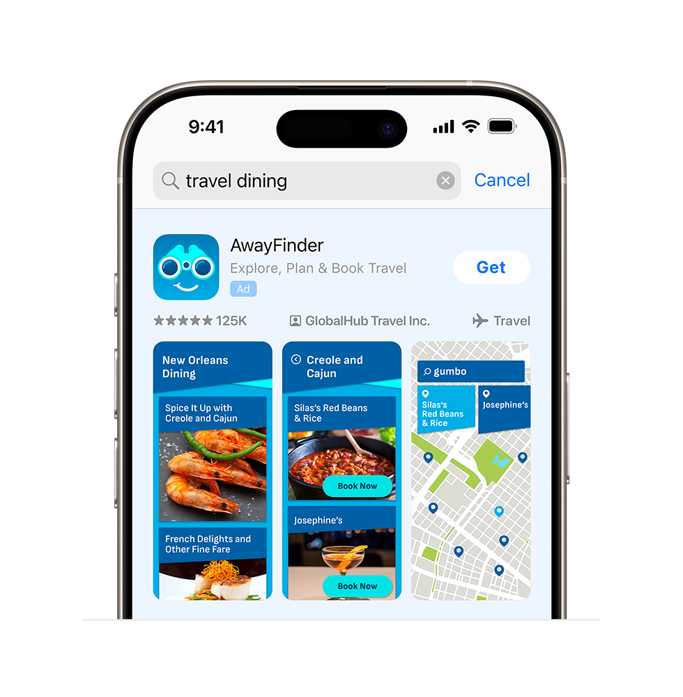 An ad variation for an example app, AwayFinder, showing that three dining-related images from the app are tailored to appear for the search query "travel dining."