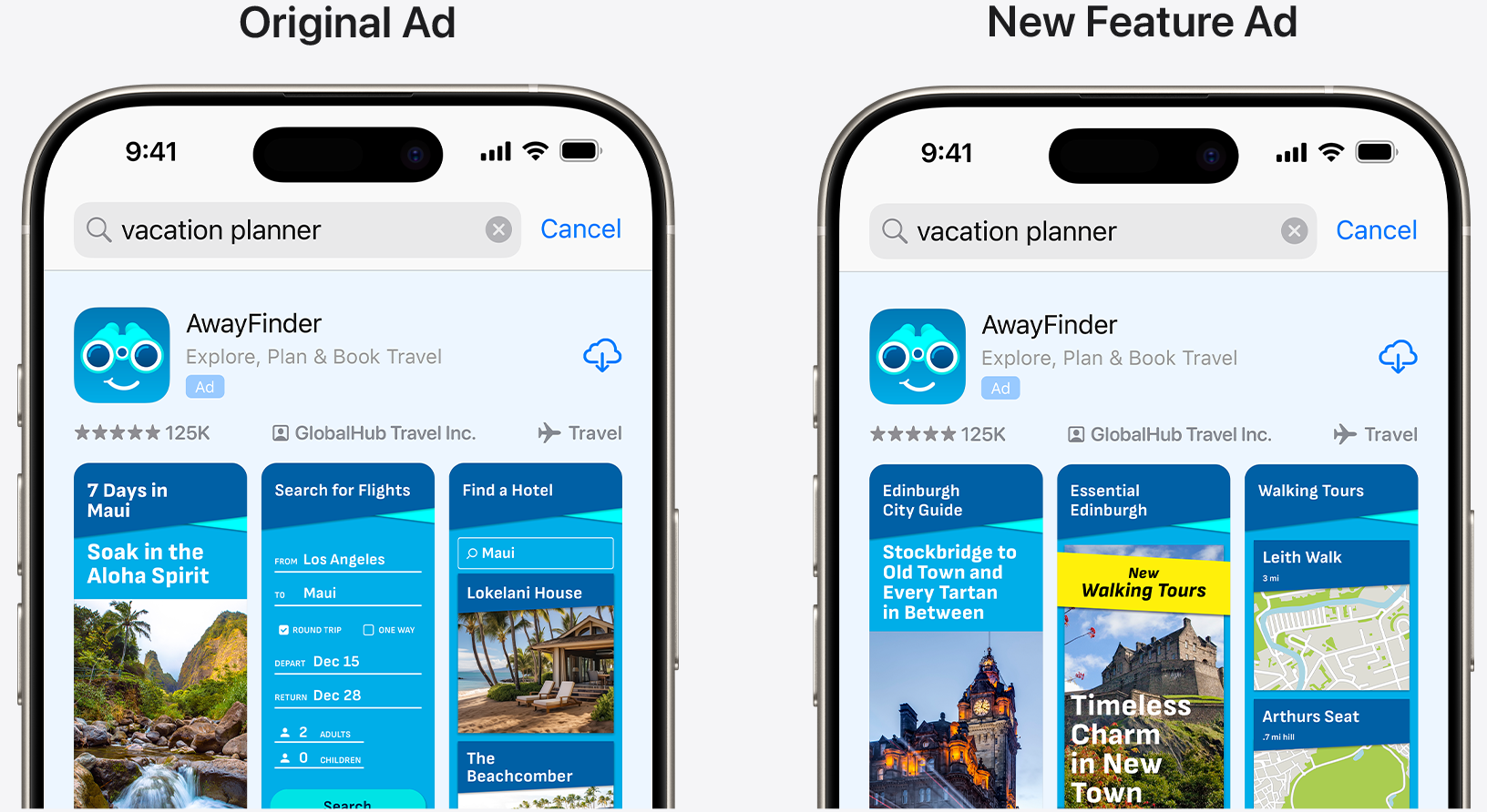 Side by side comparison of original ad for example app AwayFinder and an ad highlighting a new feature.