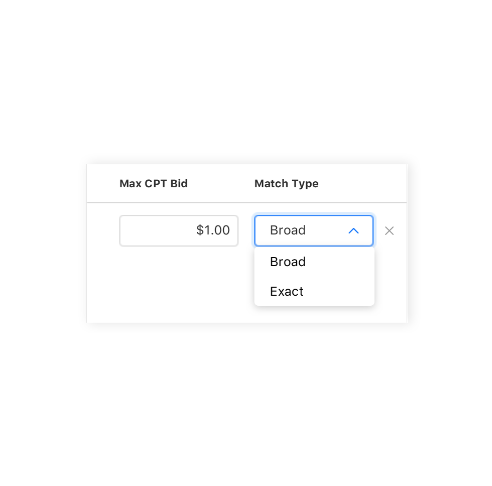 Setting a max CPT bid of $1.00 for a keyword set to the broad match type.