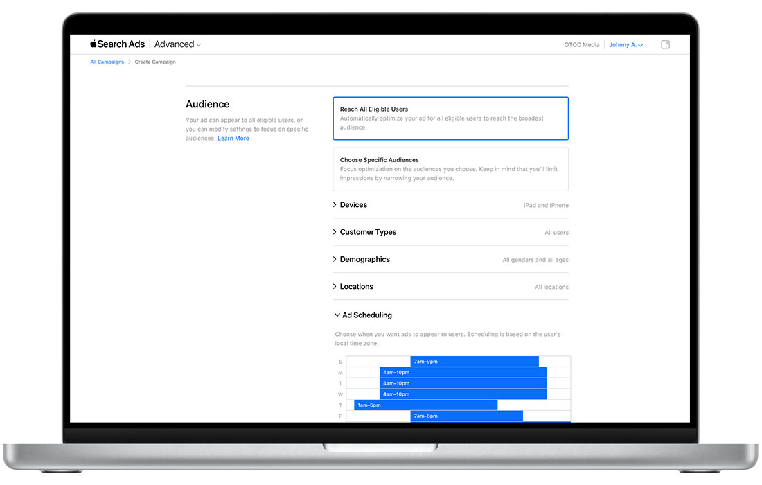 The Ad Scheduling section of the Create Campaign page in Apple Search Ads Advanced shows a completed schedule. The days of the week appear on the Y axis and times of the day on the X axis. The ad schedule is indicated by solid blue rows with the time ranges written across them.