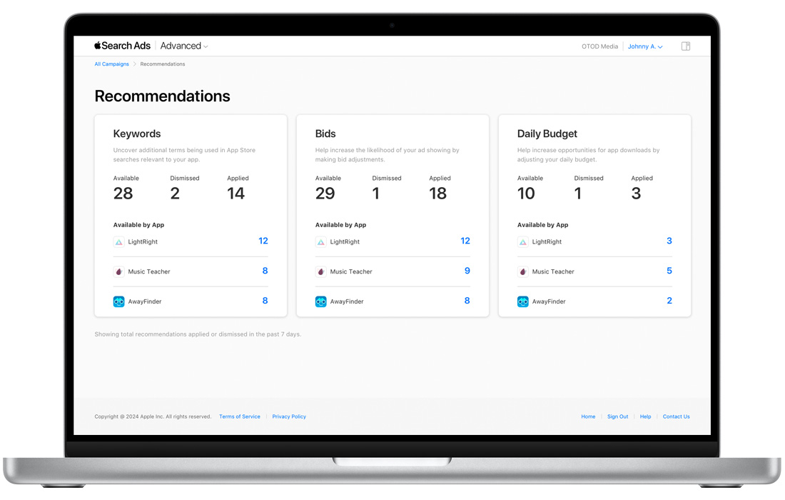 The Recommendations page in Apple Ads Advanced shows recommendations organized by keywords, bids, and daily budget. Each section shows how many recommendations are available, dismissed, and applied, and then how many recommendations are available by app.