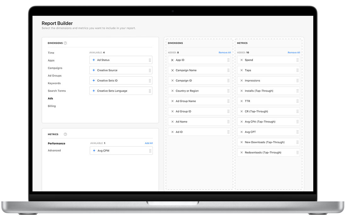 The Report Builder page in Apple Search Ads Advanced, with available report dimensions and metrics on the left and the dimensions and metrics chosen for the custom report on the right.