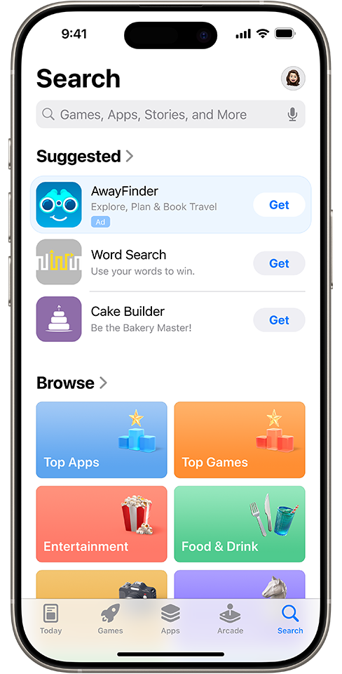 An ad for the example app, AwayFinder, appearing on the Search tab at the top of the Suggested apps list.