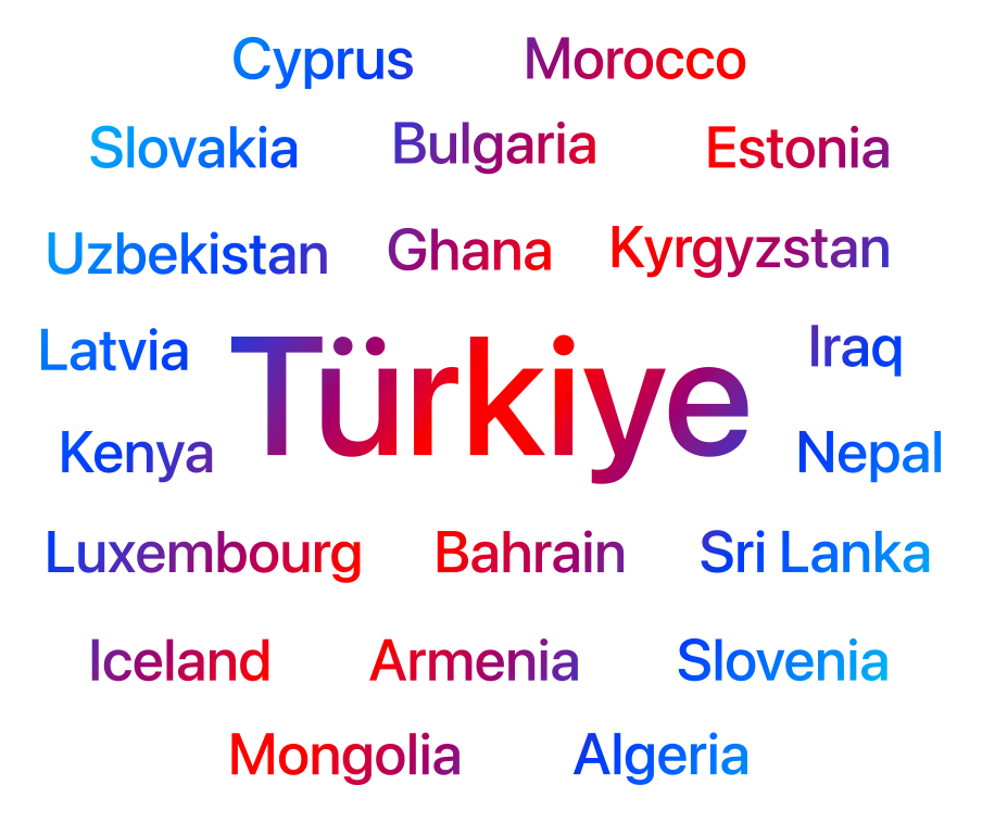 A list of countries and regions where Apple Search Ads is now available. This includes: Türkiye, Armenia, Algeria, Bahrain, Bulgaria, Cyprus, Estonia, Ghana, Iceland, Iraq, Kenya, Kyrgyzstan, Latvia, Luxembourg, Mongolia, Morocco, Nepal, Slovakia, Slovenia, Sri Lanka, Uzbekistan.