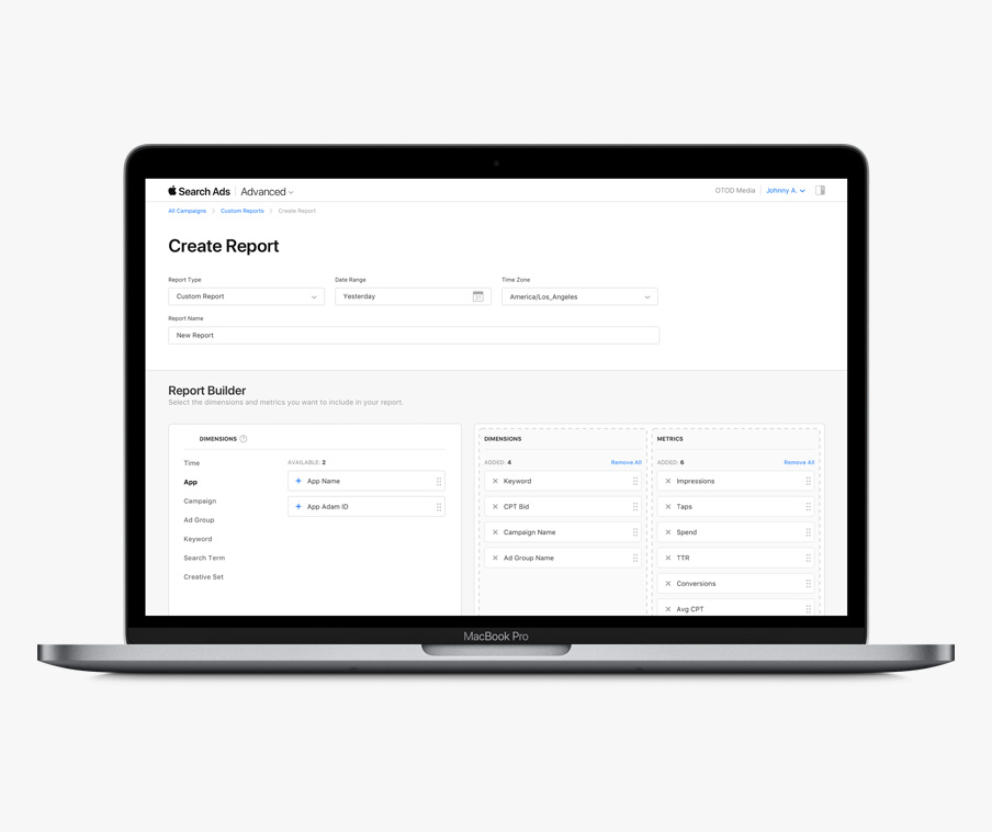 The Create Report page showing the dimensions and metrics you can use to create custom reports.