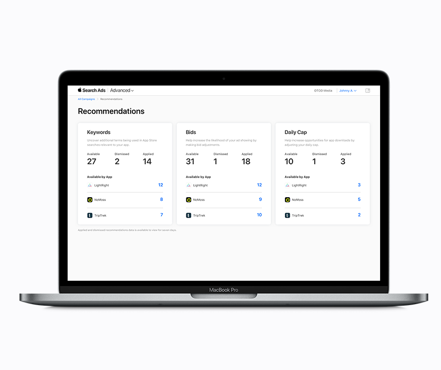 The Recommendations page showing available, dismissed, and applied recommendations for keywords, bids, and daily cap.