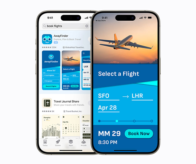 Two iPhones side-by-side. One shows a search results ad for the example app, AwayFinder, with the term “book flights” entered in the search box. The other shows a screen in the AwayFinder app with the options to “select a flight” and to “book now”.